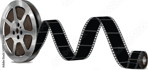 Classic Film Reel with Unspooled Filmstrip in a Curved Motion in Black and White Vector Illustration