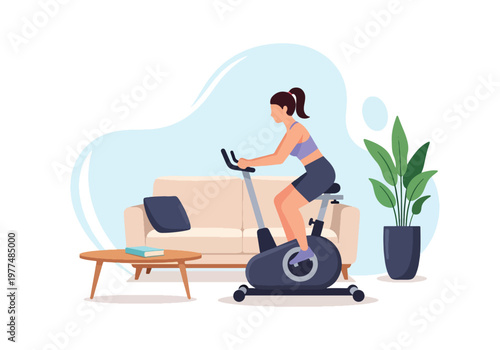 Flat style vector illustration of woman cycling on stationary exercise bike in indoor fitness space, home workout concept with healthy lifestyle training and cardio activity