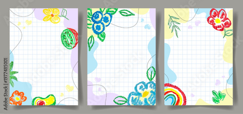 Cute planner papers set with Hand Drawn Doodle Kids Drawing and Notebook Paper. Color Hand Drawn Border Template with Copy Space for Quote Cover Poster Social Media. Childrens Day. Back to School.