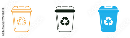Title three recycling bins orange dark green and blue sustainability icons description a set of three cylindrical recycling bins in orange