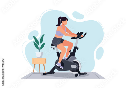 Flat style vector illustration of woman cycling on stationary exercise bike in indoor fitness space, home workout concept with healthy lifestyle training and cardio activity