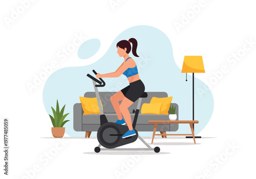Flat style vector illustration of woman cycling on stationary exercise bike in indoor fitness space, home workout concept with healthy lifestyle training and cardio activity