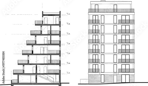 Modern Multi-Story Building with Sectional and Front Elevation Views in Black and White Architectural Drawing