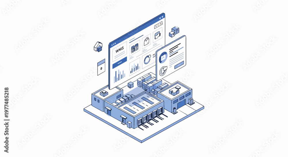 Obraz premium Isometric Warehouse Management System (WMS) Illustration with Digital Dashboard and Logistics Infrastructure for Smart Supply Chain Automation