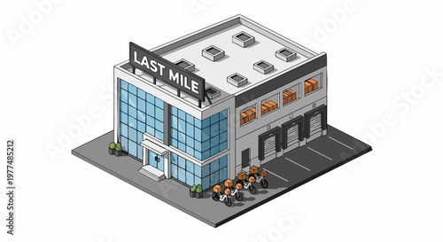Isometric Last Mile Delivery Fulfillment Center and Logistics Warehouse Building Illustration