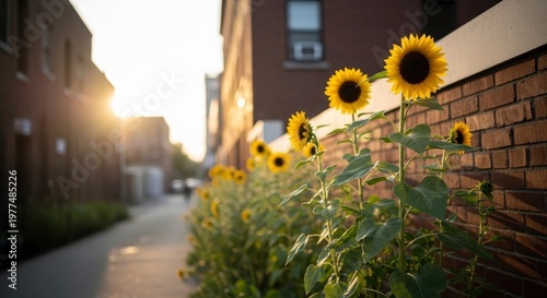 Sunflowers bloom along a brick wall in a city alley at sunset.