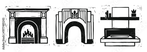 Three black and white drawings of fireplaces including modern and classic designs