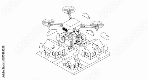 Isometric Line Art of Delivery Drone Carrying Package Over Suburban Houses - Concept of Autonomous Logistics and E-commerce Shipping