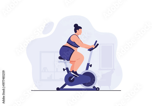 Flat style vector illustration of plus size woman riding stationary bike, inclusive fitness and healthy lifestyle concept with indoor workout routine and minimal modern background