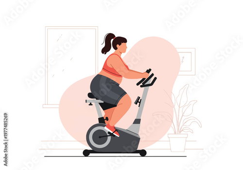 Flat style vector illustration of plus size woman riding stationary bike, inclusive fitness and healthy lifestyle concept with indoor workout routine and minimal modern background