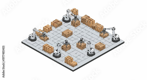Isometric Smart Warehouse Automation with Robotic Arms and Cardboard Boxes on Grid Floor