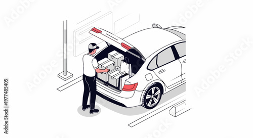 Isometric Illustration of Courier Loading Parcels and Shopping Bags into Car Trunk for Delivery Service