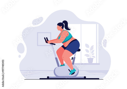 Flat style vector illustration of plus size woman riding stationary bike, inclusive fitness and healthy lifestyle concept with indoor workout routine and minimal modern background