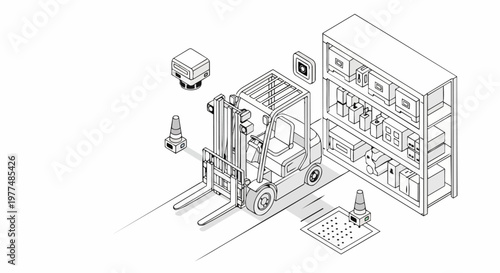 Isometric Smart Warehouse Illustration with Automated Forklift, IoT Sensors, and Logistics Storage Shelving for Industry 4.0 Supply Chain Concept