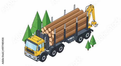 Isometric Logging Truck Illustration Loaded with Timber Logs for Forestry and Wood Industry Transportation