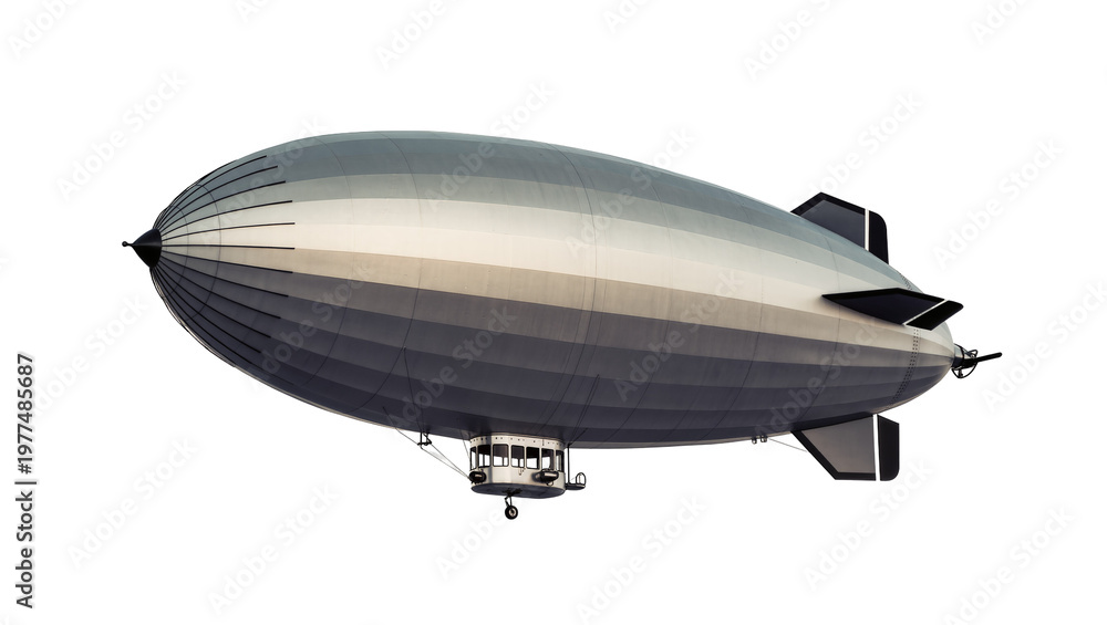 Naklejka premium Silver Vintage Airship with Gondola and Tail Fins in Flight