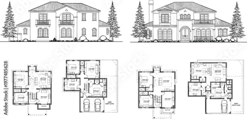 Elegant Two-Story Mansion Design with Detailed Floor Plans and Elevation Views in Black and White Architectural Drawing