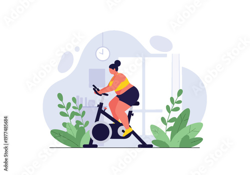 Flat style vector illustration of plus size woman riding stationary bike, inclusive fitness and healthy lifestyle concept with indoor workout routine and minimal modern background