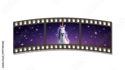Foto Filmstrip with Unicorn Portrait and Sparkling Purple Night Sky