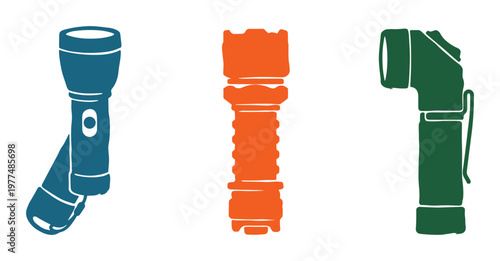 Three different industrial torch light silhouettes including angled head and tactical flashlights as vector