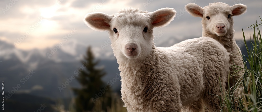 Obraz premium Two sheep stand in a grassy meadow during sunset with mountains in the background and warm light creating long shadows on the ground
