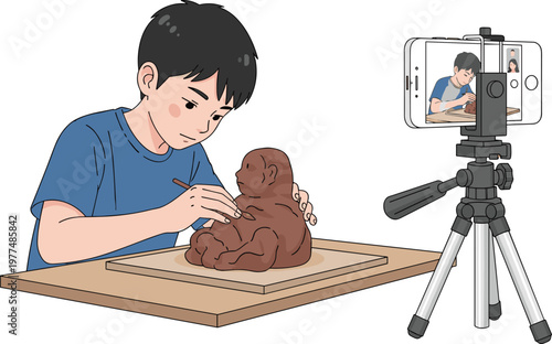 Child Sculpting a Clay Figurine with a Smartphone on a Tripod Recording the Process in a Creative Workspace Illustration