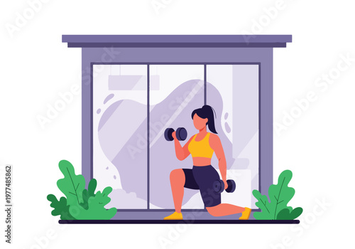 Flat style vector illustration of woman performing dumbbell lunges, strength training and healthy lifestyle fitness concept isolated on clean modern background