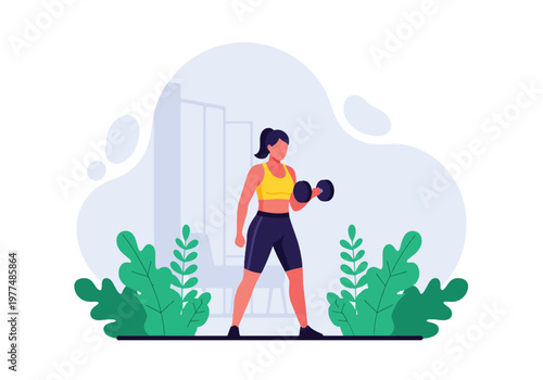 Flat style vector illustration of woman performing dumbbell lunges, strength training and healthy lifestyle fitness concept isolated on clean modern background