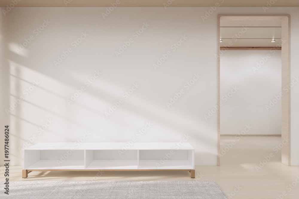 Fototapeta premium Small wall mounted storage cabinet on Empty room,Clean japanese minimalist room interior, 3D rendering