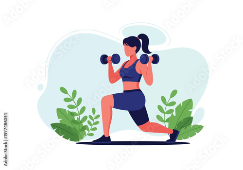 Flat style vector illustration of woman performing dumbbell lunges, strength training and healthy lifestyle fitness concept isolated on clean modern background