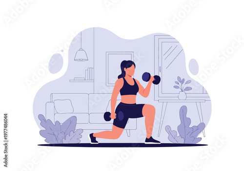 Flat style vector illustration of woman performing dumbbell lunges, strength training and healthy lifestyle fitness concept isolated on clean modern background
