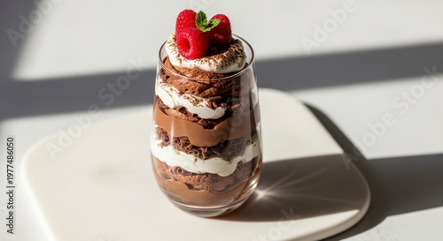 Decadent Chocolate Mousse Parfait with Fresh Raspberry and Mint Garnish.