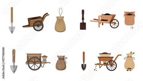 Colored Textured Vector Icons of Old Farm Tools, Wooden Wheelbarrow, Sack, and Shovel, Vector icons of traditional, old-fashioned farm tools with a detailed wood and hessian bag texture. 