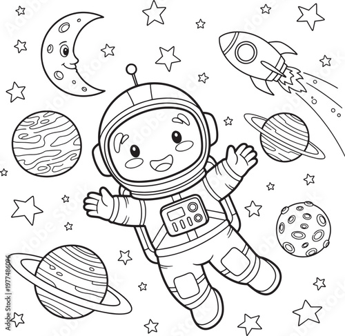Happy cartoon astronaut floating in space surrounded by planets stars a crescent moon line drawing