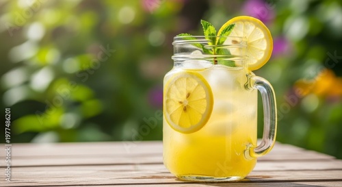 Refreshing Lemonade Drink with Lemon Slices and Mint in a Jar.