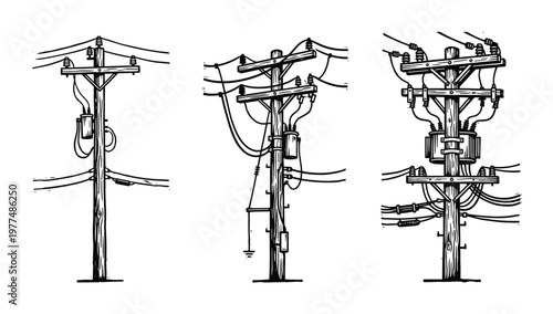 Utility pole with electrical transformer and wires for power distribution network connection