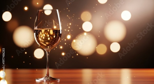 Elegant glass of white wine with bokeh lights and sparkles.