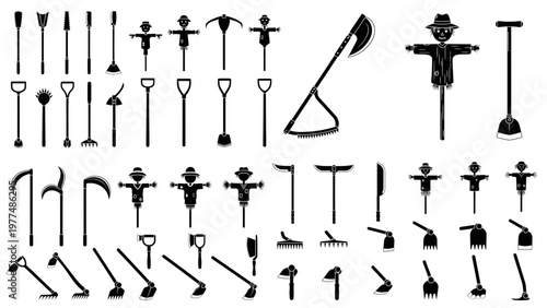 Silhouette Vector Icons of Old Farm Tools, Scythe, Sickle, and Scarecrow, Silhouette icons of various farm tools. The image features a large collection of traditional hand tools like scythes 