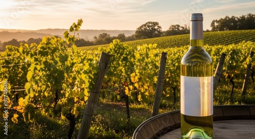 Bottle of white wine on a table in a vineyard at sunset.