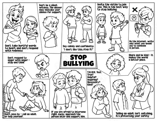 Anti-bullying and kindness educational worksheet for kids. Coloring page featuring children in various social scenarios, upstander vs bystander concepts