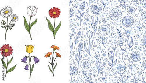 Flower Icon Set Featuring Daisies, Tulips, Marigolds, and a Floral Pattern for Web and App Use