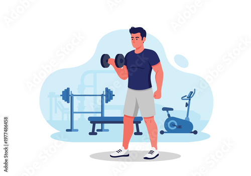 Flat style vector illustration of man lifting dumbbells, strength training and bodybuilding workout concept with healthy lifestyle isolated on minimal background