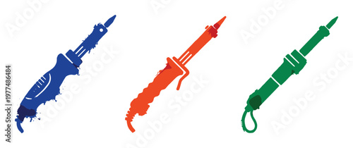 Various handheld tools or instruments with colorful abstract drips