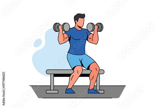 Flat style vector illustration of man lifting dumbbells, strength training and bodybuilding workout concept with healthy lifestyle isolated on minimal background