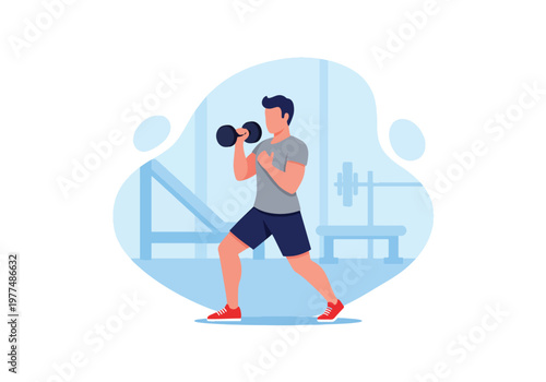 Flat style vector illustration of man lifting dumbbells, strength training and bodybuilding workout concept with healthy lifestyle isolated on minimal background