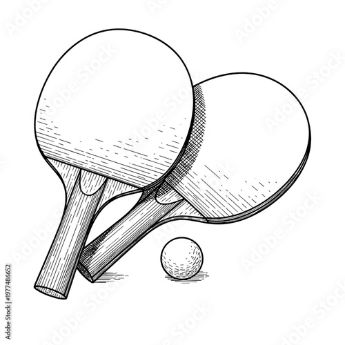 Sketch of two ping pong paddles and a ball on white background  