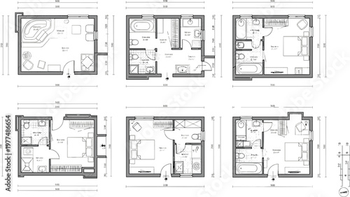 Detailed Floor Plan of Multiple Rooms with Furniture Layouts, Bathrooms, and Dimensions in Black and White Architectural Drawing