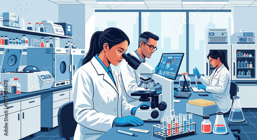 Scientists working in a modern laboratory, research and development, medical science, biotechnology