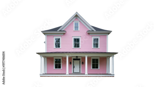 Pink two-story house with porch and windows