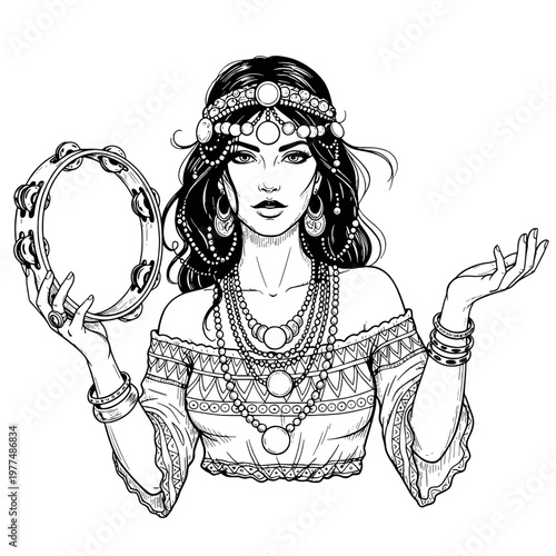 Woman performing with tambourine and displaying jewelry in line art  